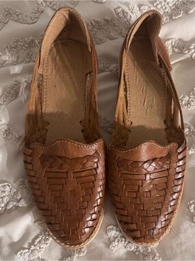 Woven Leather Flats in Cognac